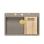 QUADRON | MARC 110 FM granitowy zlewozmywak kuchenny SZAROBEŻOWY + ZŁOTO PVD | wymiary: 75 x 49 x 24 cm | akcesoria: syfon, dozownik, deska | 1-komorowy na równi w blatem | podbudowa szafki od: 80 cm HQM7650U4FMPVDG1