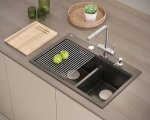 Quadron MARC 120 WORKSTATION GraniteQ zlewozmywak 2-komorowy 760*500*235 mm soft taupe + syfon push to open + dozownik + deska + wkładka / elementy złote HQC7650U4PVDG1