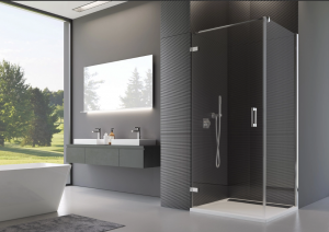 Ronal Sanswiss ścianka boczna 90° lub w linii 30-100x0-200 cm, szkło pas satynowy poziomy, profile chrom PUDT2PSM21051