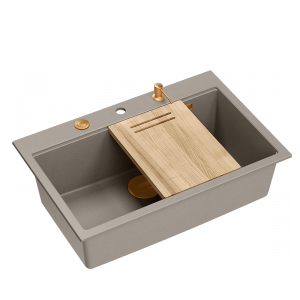 Quadron MARC 110 WORKSTATION GraniteQ zlewozmywak 1-komorowy 760*500*235 mm soft taupe + syfon push to open + dozownik + deska + wkładka / elementy miedziane HQM7650U4PVDC1
