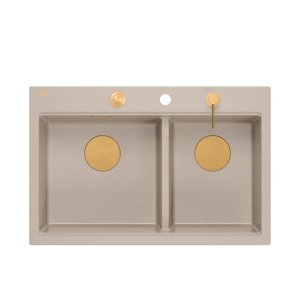 Quadron MARC 120 WORKSTATION GraniteQ zlewozmywak 2-komorowy 760*500*235 mm pearl beige + syfon push to open + dozownik + deska + wkładka / elementy miedziane HQC7650U2PVDC1