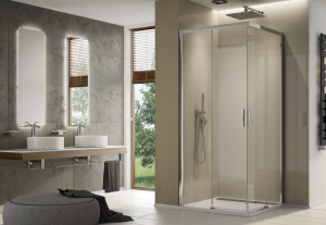 Ronal wejście narożne z drzwiami rozsuwanymi, kompletna kabina symetryczna 100x200 cm, szkło Durlux 200, profile srebrny połysk TLSAC1005022