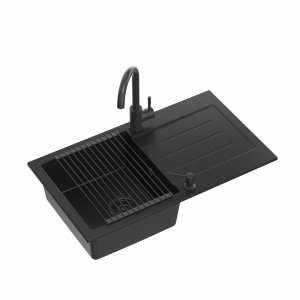 Quadron Zestaw JOHNNY 111 PURE CARBON zlewozmywak granitowy z baterią, dozownikiem i zwijaną matą – jednokomorowy, wpuszczany, pure carbon/elementy czarne, bateria pure carbon, dozownik pure carbon, Qmata pure carbon HCQJ7744BLMBDRPC