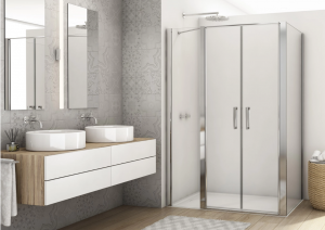 Ronal drzwi wahadłowe dwuczęściowe ze ścianką stałą w linii 130x200 cm, szkło przezroczyste, profile Srebrny połysk D22T32090405007