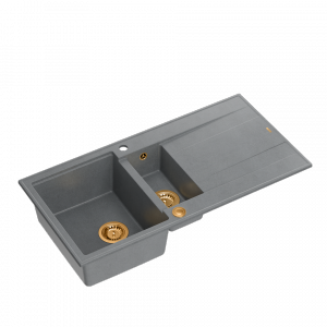 QUADRON EVAN 156 GraniteQ zlewozmywak z syfonem Push To Open 1,5-komorowy z/o (1000x500x210; kom. 420x480) silver stone / elementy miedziane HQE5510050U5PVDC1P2O