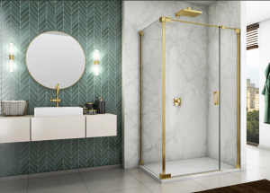Ronal Sanswiss drzwi wahadłowe jednoczęściowe lewe ze ścianką stałą w linii 90x200 cm, szkło przezroczyste, profile GOLD LINE złoty CA31CG0901207
