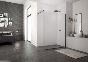 Ronal Sanswiss Easy Black Ścianka prysznicowa Walk-in 130x200 cm profile czarny mat szkło przezroczyste Aquaperle STR4P1300607