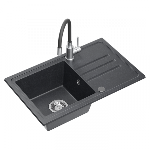 QUADRON BEN 111 zlewozmywak granitowy czarny (70x44x17,5) + bateria z elastyczną wylewką + syfon + zaślepka