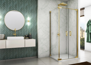 Ronal Sanswiss drzwi wahadłowe dwuczęściowe z profilem przyściennym 140x200 cm, szkło przezroczyste, profile GOLD LINE złoty CA2C1401207