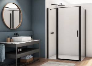 Ronal drzwi wahadłowe jednoczęściowe z elementem stałym w linii 90x200 cm, szkło przezroczyste, profile BLACK LINE czarny mat D22T13070200607