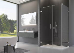 Ronal Sanswiss ścianka boczna 90° lub w linii 100-160x0-200 cm, szkło pas satynowy poziomy, profile chrom PURDT3SM41051