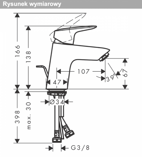 Hansgrohe Logis Jednouchwytowa bateria umywalkowa 70 z metalowym kompletem odpływowym z cięgłem czarny mat 71170670