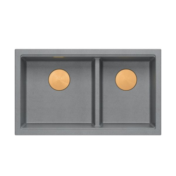 QUADRON | LOGAN 120 | granitowy zlewozmywak kuchenny SILVER STONE + MIEDŹ PVD | wymiar: 76 x 45 x 23,5 cm | 2-komorowy wpuszczany | podbudowa szafki od: 80 cm HQL7645U5PVDC1I