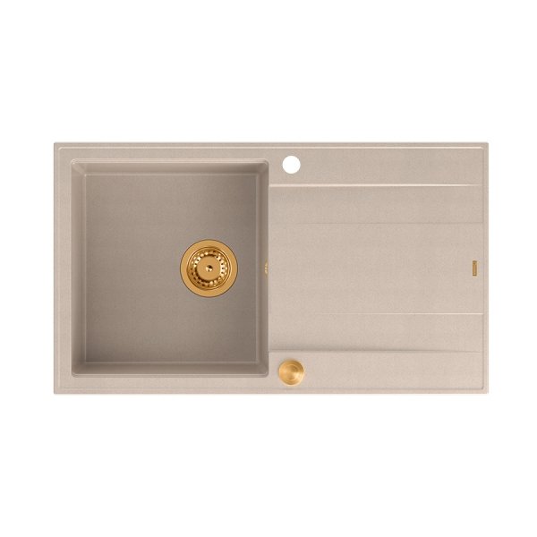 Quadron EVAN 111 GraniteQ zlewozmywak z syfonem Push 2 Open 1-komorowy z/o (860x500x210) pearl beige / elementy miedziane HCQE8650U2PVDC1P2O