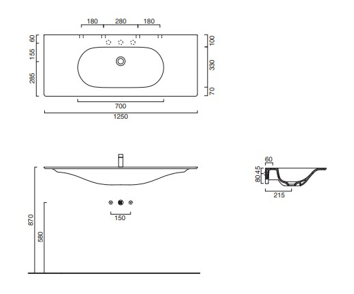 Catalano Sfera umywalka ścienna 125x50cm z kompletem mocowań czarny mat 1125HZNS/0521260022