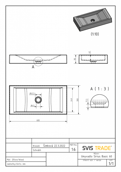 S.V.I.S. Design UMYWALKA 60 CM SIRIUS BUK LAKIER NATURALNY PÓŁMATOWY