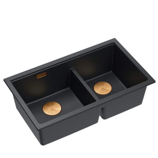 QUADRON | LOGAN 120 | granitowy zlewozmywak kuchenny PURE CARBON + MIEDŹ PVD | wymiar: 76 x 45 x 23,5 cm | 2-komorowy podwieszany | podbudowa szafki od: 80 cm HQL7645U7PVDC1U