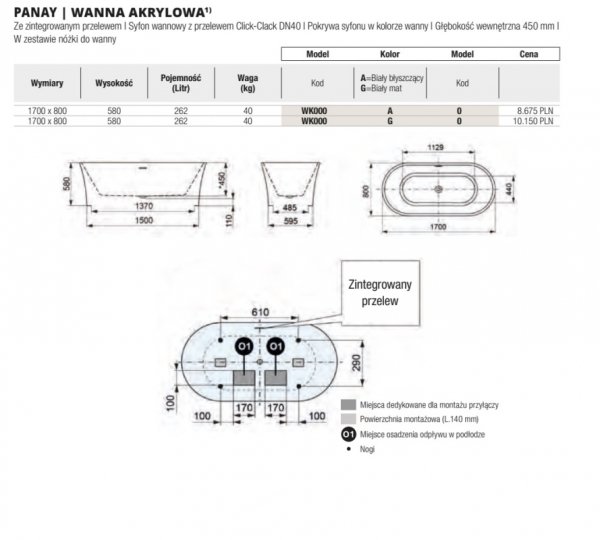 Ronal Glass 1989 Panay Wanna wolnostojąca 168x80 cm biały mat WL000G0