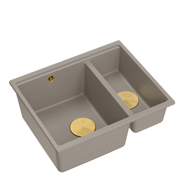 QUADRON | LOGAN 150 | granitowy zlewozmywak kuchenny SOFT TAUPE + ZŁOTO PVD | wymiary: 55,5 x 46 x 22 cm | 1,5-komorowy podwieszany | podbudowa szafki od: 60 cm HCQL5646U4G1U