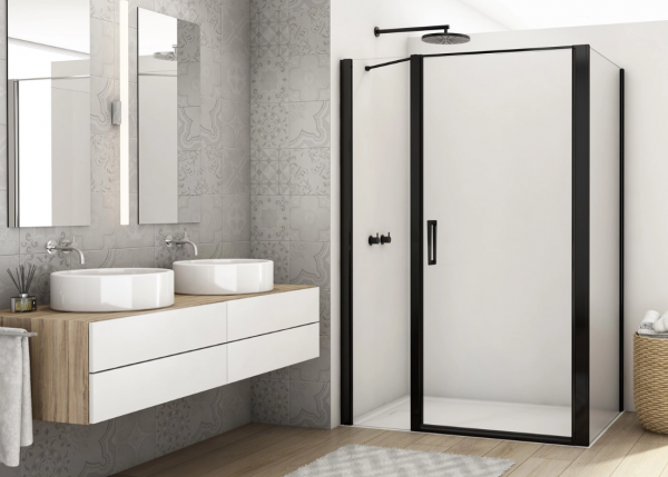 Ronal drzwi wahadłowe jednoczęściowe ze ścianką stałą w linii 120x200 cm, szkło przezroczyste, profile BLACK LINE czarny mat D22T31080400607