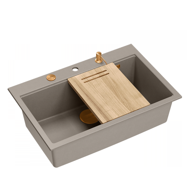 Quadron MARC 110 WORKSTATION GraniteQ zlewozmywak 1-komorowy 760*500*235 mm soft taupe + syfon push to open + dozownik + deska + wkładka / elementy miedziane HQM7650U4PVDC1