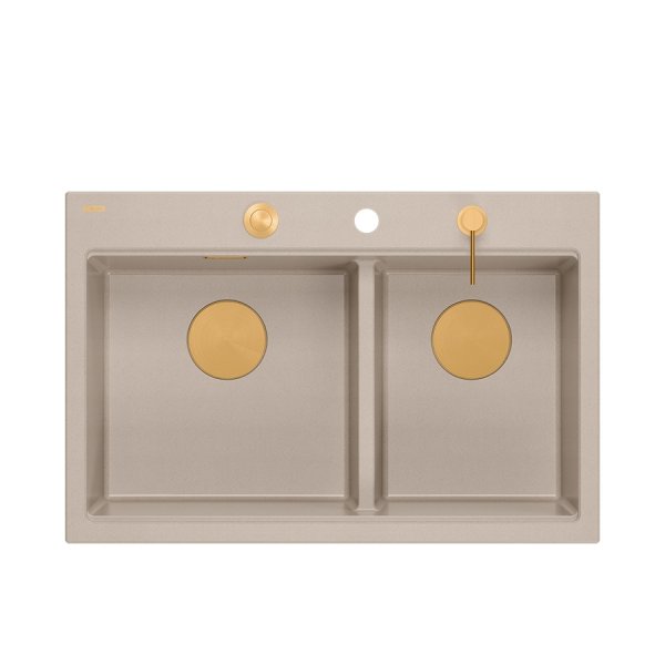 Quadron MARC 120 WORKSTATION GraniteQ zlewozmywak 2-komorowy 760*500*235 mm pearl beige + syfon push to open + dozownik + deska + wkładka / elementy miedziane HQC7650U2PVDC1