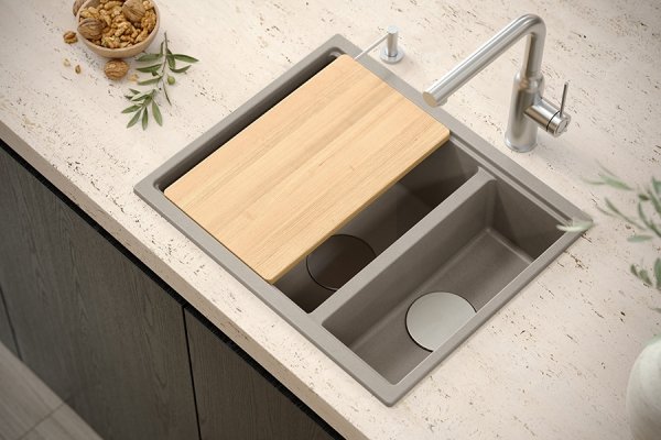 QUADRON | LOGAN 150 | granitowy zlewozmywak kuchenny SZARY + STAL | wymiary: 55,5 x 46 x 22 cm | 1,5-komorowy wpuszczany | podbudowa szafki od: 60 cm HCQL5646U5BSI