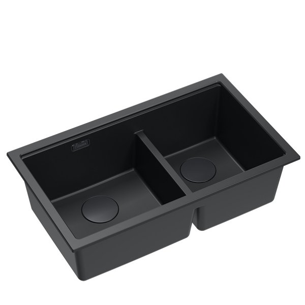 QUADRON | LOGAN 120 | granitowy zlewozmywak kuchenny PURE CARBON + CZARNY MAT | wymiar: 76 x 45 x 23,5 cm | 2-komorowy podwieszany | podbudowa szafki od: 80 cm HQL7645U7BLMU