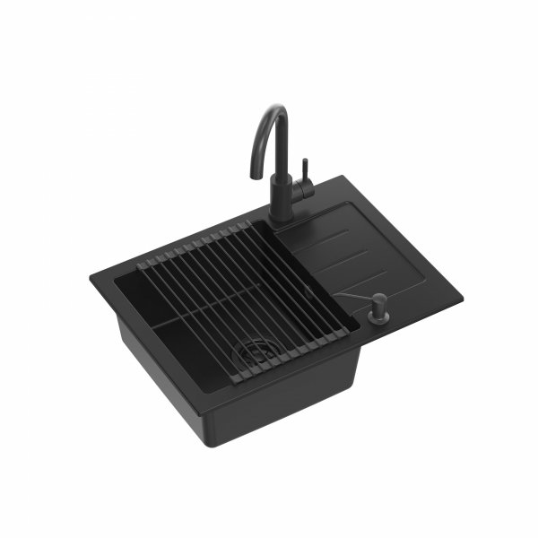 Quadron Zestaw JOHNNY 116 PURE CARBON zlewozmywak granitowy z baterią, dozownikiem i zwijaną matą – jednokomorowy, wpuszczany, pure carbon/elementy czarne, bateria pure carbon, dozownik pure carbon, Qmata pure carbon HCQJ6044BLMBDRPC