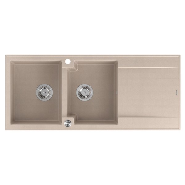 Quadron EVAN 121 GraniteQ zlewozmywak z syfonem Push To Open 2-komorowy z/o (1160x500x210; kom. 420x340) pearl beige / elementy stalowe HQE11650U2BSP2O