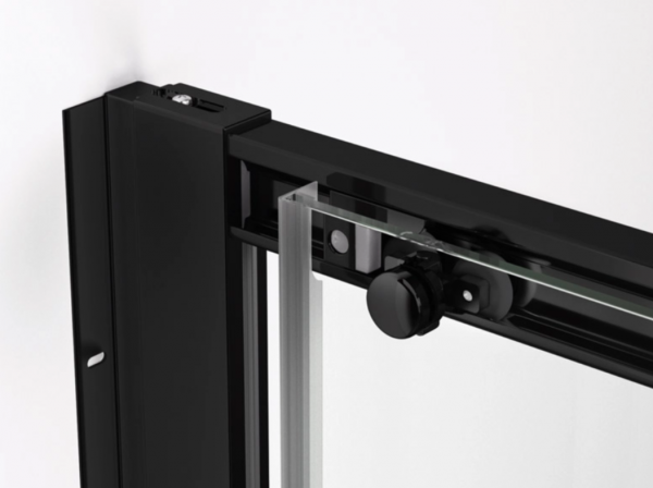 Ronal wejście narożne lewe na wymiar z drzwiami rozsuwanymi, kabina asymetryczna 60-90x0-200 cm, szkło przezroczyste, profile BLACK LINE czarny mat TLSGSM10607