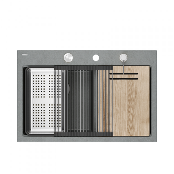 Quadron MARC 120 WORKSTATION GraniteQ zlewozmywak 2-komorowy 760*500*235 mm silver stone + syfon push to open + dozownik stal szcz.+ wkładka ociekowa+ Qmata +deska/ elementy stalowe HQC7650U5BS