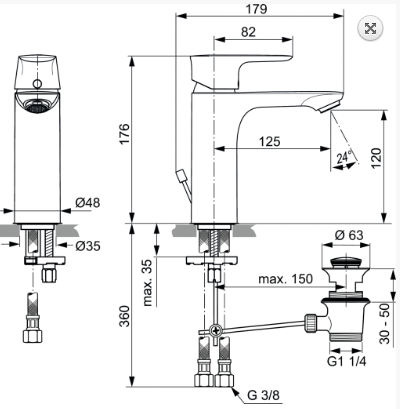 Ideal Standard Connect Air Bateria umywalkowa z korkiem szary magnetyczny połysk A7053A5