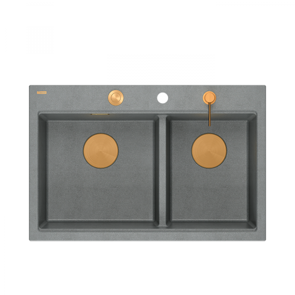Quadron MARC 120 WORKSTATION GraniteQ zlewozmywak 2-komorowy 760*500*235 mm silver stone + syfon push to open + dozownik + deska + wkładka / elementy miedziane HQC7650U5PVDC1
