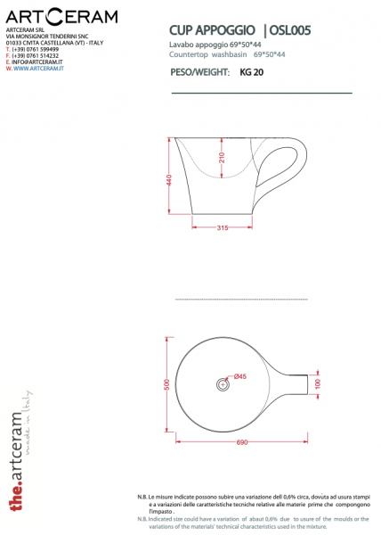  Artceram OSL00501;50 CUP umywalka nablatowa kubek niski LIVINGTEC® / BIANCO BICOLORE NERO