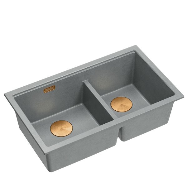 QUADRON | LOGAN 120 | granitowy zlewozmywak kuchenny SILVER STONE + MIEDŹ PVD | wymiar: 76 x 45 x 23,5 cm | 2-komorowy wpuszczany | podbudowa szafki od: 80 cm HQL7645U5PVDC1I