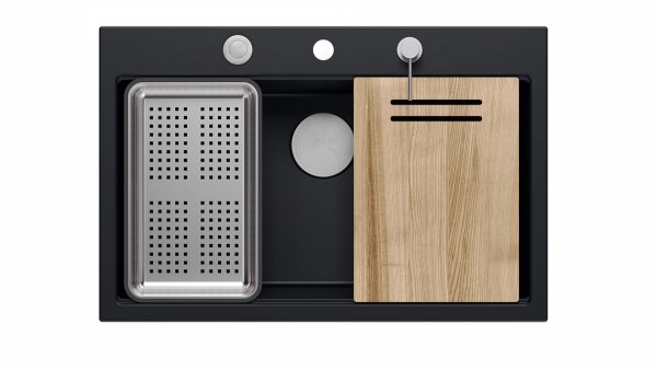 Quadron MARC 110 WORKSTATION GraniteQ zlewozmywak 1-komorowy 760*500*235 mm pure carbon + syfon push to open + dozownik stal szcz.+ wkładka ociekowa+ Qmata +deska/ elementy stalowe HQM7650U7BS