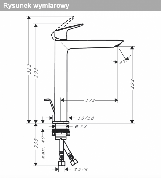 Hansgrohe Logis Jednouchwytowa bateria umywalkowa 240 Fine do umywalek nablatowych z kompletem odpływowym z cięgłem chrom 71257000
