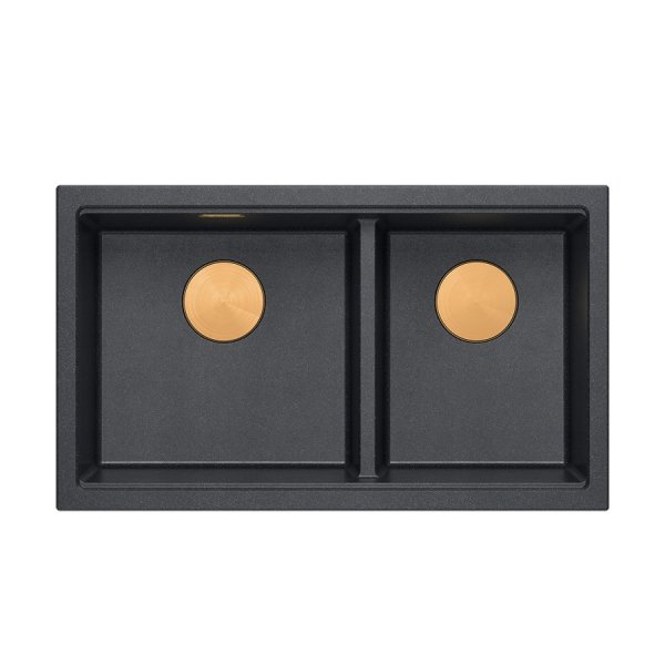QUADRON | LOGAN 120 | granitowy zlewozmywak kuchenny BLACK DIAMOND + MIEDŹ PVD | wymiar: 76 x 45 x 23,5 cm | 2-komorowy podwieszany | podbudowa szafki od: 80 cm HQL7645U8PVDC1U