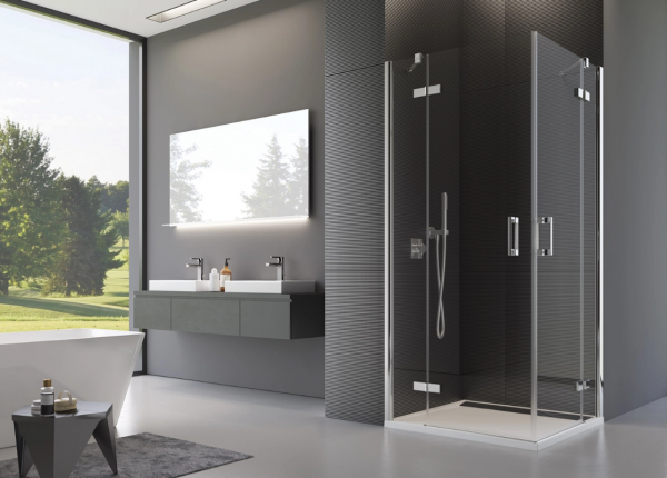 Ronal Sanswiss wejście narożne dwuczęściowe 75-120x0-200 cm, szkło pas satynowy poziomy, profile chrom PUE2PDSM21051