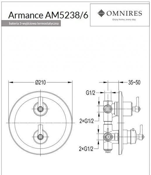 Omnires Armance bateria prysznicowo-wannowa podtynkowa termostatyczna AM5238/6CR