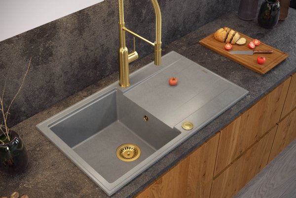 Quadron Zlewozmywak granitowy EVAN 111 – jednokomorowy, wpuszczany, silver stone/elementy złote HCQE8650U5PVDG1P2O