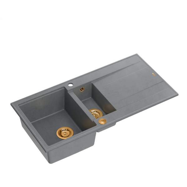 QUADRON EVAN 156 GraniteQ zlewozmywak z syfonem Push To Open 1,5-komorowy z/o (1000x500x210; kom. 420x480) silver stone / elementy miedziane HQE5510050U5PVDC1P2O