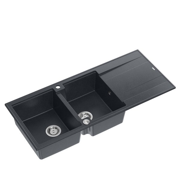 QUADRON EVAN 121 GraniteQ zlewozmywak z syfonem Push To Open 2-komorowy z/o (1160x500x210; kom. 420x340) black diamond / elementy stalowe HQE11650U8BSP2O