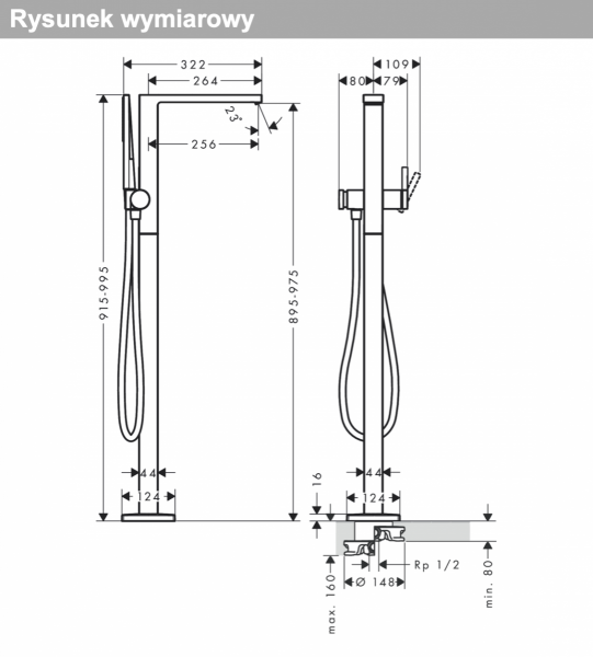 Hansgrohe Tecturis E Jednouchwytowa bateria wannowa wolnostojąca czarny mat 73445670