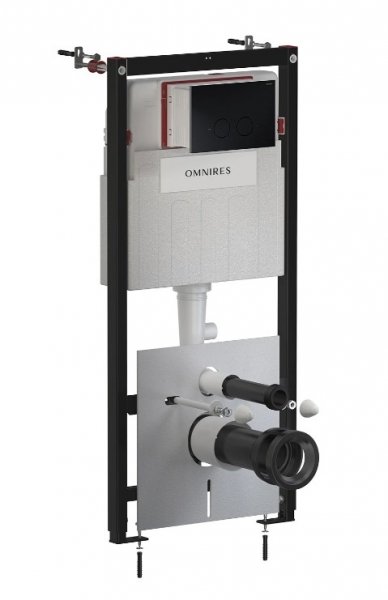 Omnires Eco Flush Set STRONGFRAME stelaż podtynkowy z ECO spłukiwaniem do miski toaletowej + STEEL-R45 przycisk spłukujący ze stali nierdzewnej czarny mat STFWCECO1R45RBLM