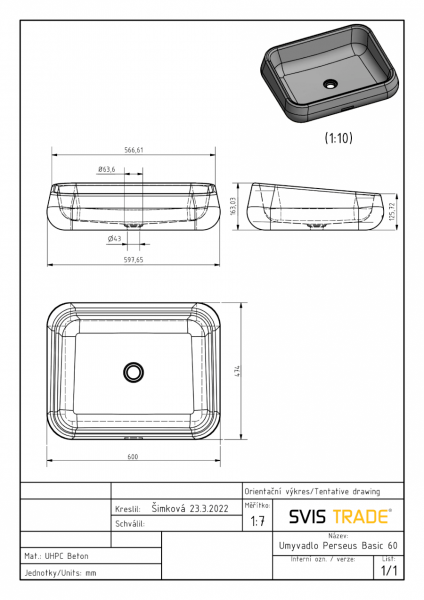 S.V.I.S.  Design UMYWALKA 60 CM PERSEUS BASIC - CEGLASTY, BEZ DEKORU, LAKIER MATOWY