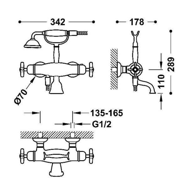 TRES CLASIC Bateria termostatyczna naścienna wannowa i prysznicowa 24217609OR
