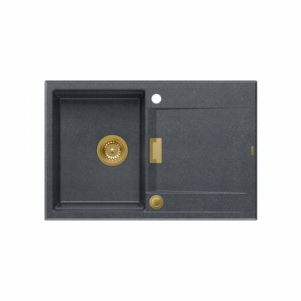 Quadron OWEN 111 GraniteQ zlewozmywak z syfonem Push 2 Open 1-komorowy z/o (760x500x215; kom. 330x430) black diamond / elementy złote HQO7650U8PVDG1