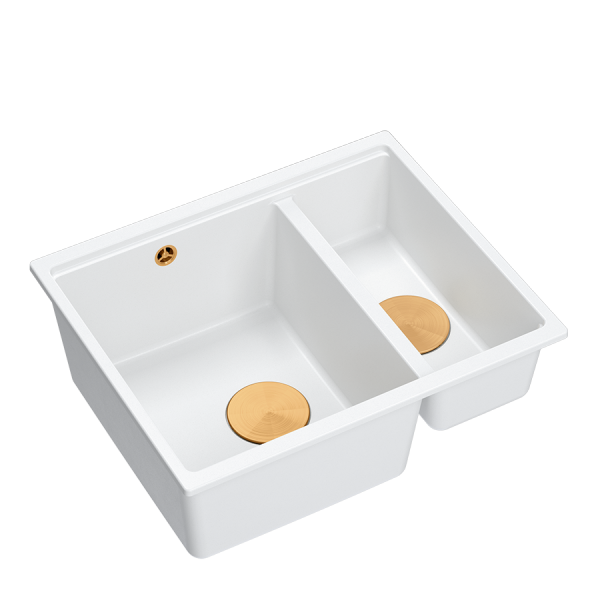 QUADRON | LOGAN 150 | granitowy zlewozmywak kuchenny BIAŁY + MIEDŹ PVD | wymiary: 55,5 x 46 x 22 cm | 1,5-komorowy wpuszczany | podbudowa szafki od: 60 cm HCQL5646U1C1I